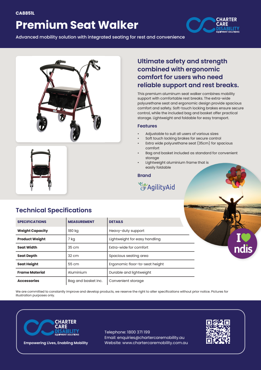 Premium Seat Walker | Rollator / A Frame 4 Wheel Walker - RED - Aluminium Frame