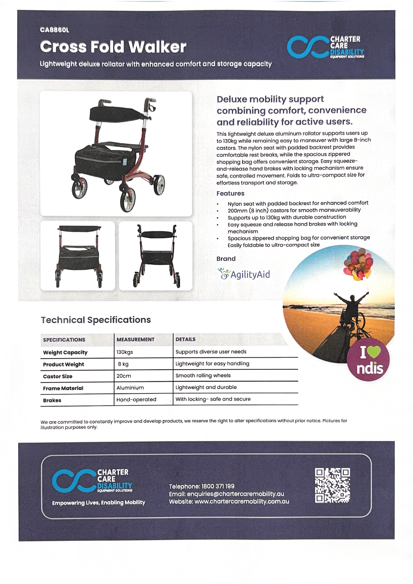 Cross Fold Walker | Rollator / Side Fold 4 Wheel Walker - RED - Aluminium Frame