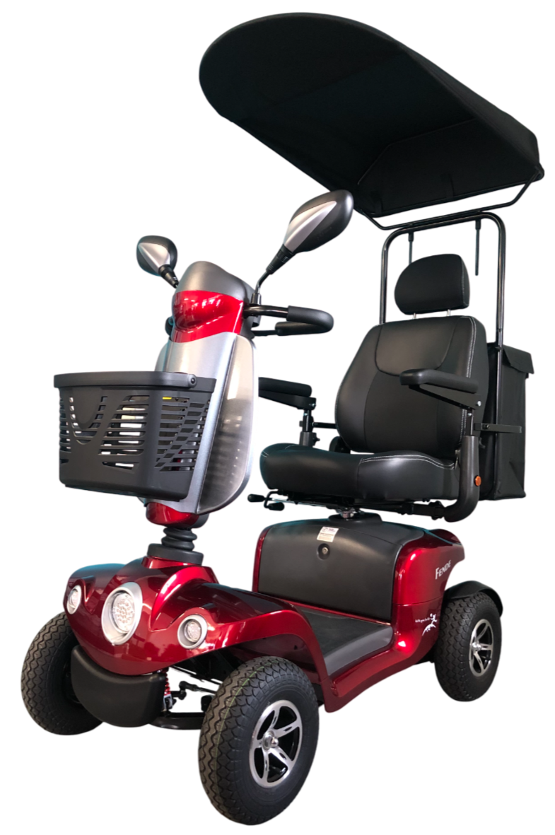 Merits™ | FENDE + With Sun Canopy Top w/ Rear Bag & Cane Holder - 4Wheel - Colour Bright Red - Outdoor Mobility Scooter