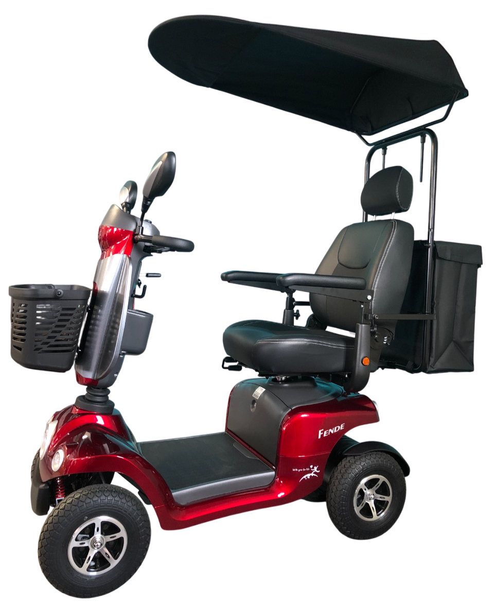 Merits™ | FENDE + With Sun Canopy Top w/ Rear Bag & Cane Holder - 4Wheel - Colour Bright Red - Outdoor Mobility Scooter