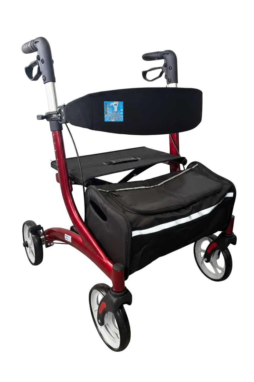 Red and black rollator walker on a white background