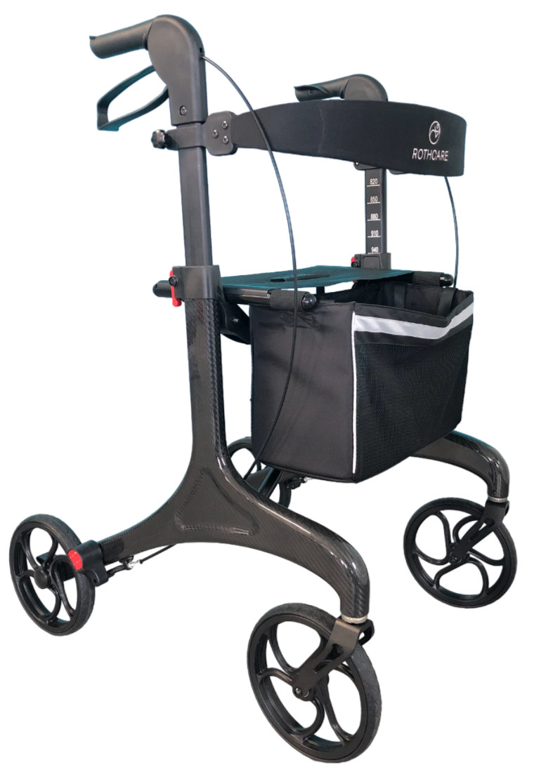 Rothcare™ | Carbon Fibre Light Weight - 8"Wheels Cross Fold Rollator - 4 wheel (Side Fold Wheelie Walker)