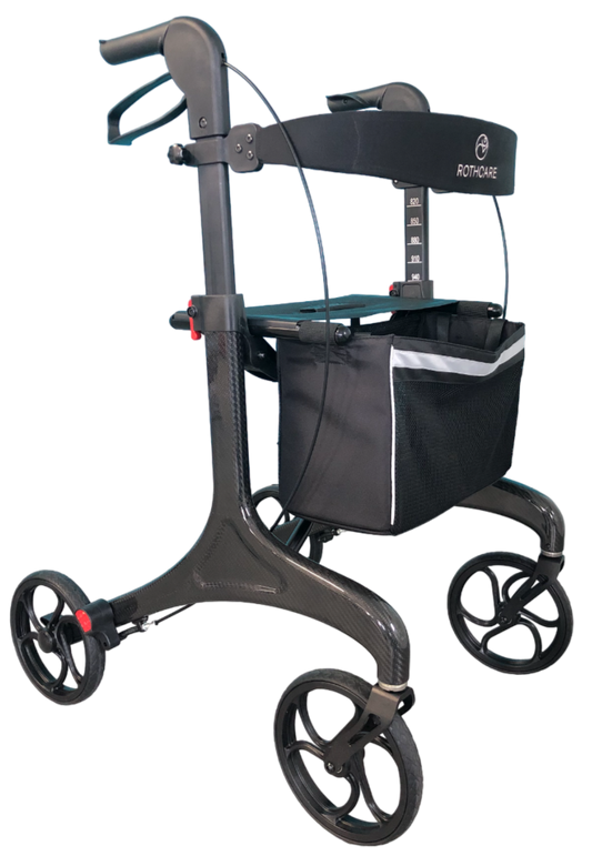 Rothcare™ | Carbon Fibre Light Weight - 8"Wheels Cross Fold Rollator - 4 wheel (Side Fold Wheelie Walker)