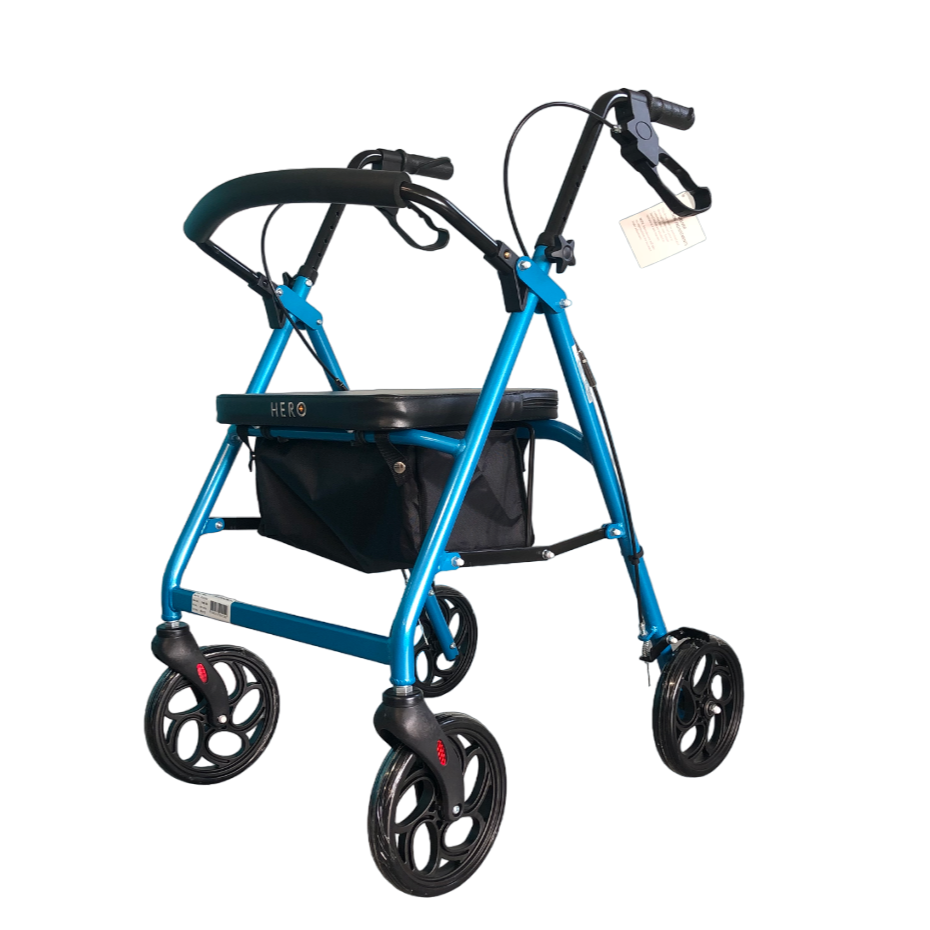 Hero Medical™ | Seat Walker Storage 4 Wheel | Colour Blue | 8" Wheels | Wheelie Walker | Rollator | Freedom