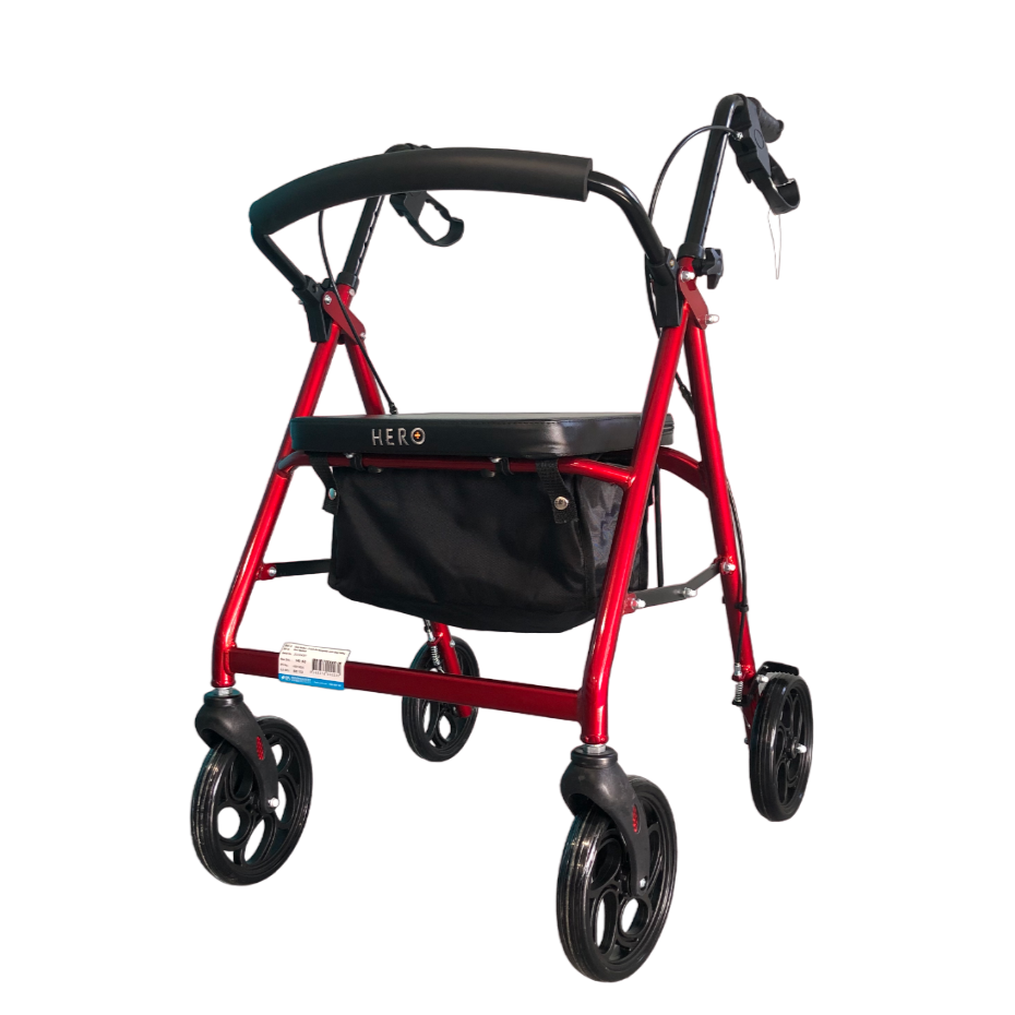 Hero Medical™ | Seat Walker Storage 4 Wheel | Colour Red | 8" Wheels | Wheelie Walker | Rollator | Freedom