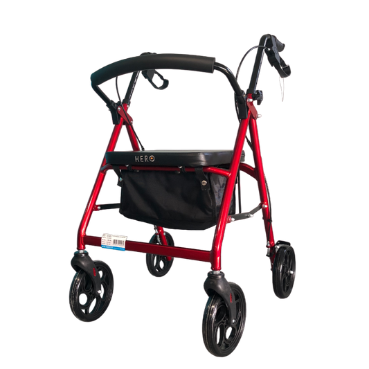 Hero Medical™ | Seat Walker Storage 4 Wheel | Colour Red | 8" Wheels | Wheelie Walker | Rollator | Freedom