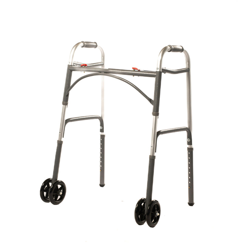 Heavy Duty Walking Frame | Dual Button Folding Walker With Front Wheels