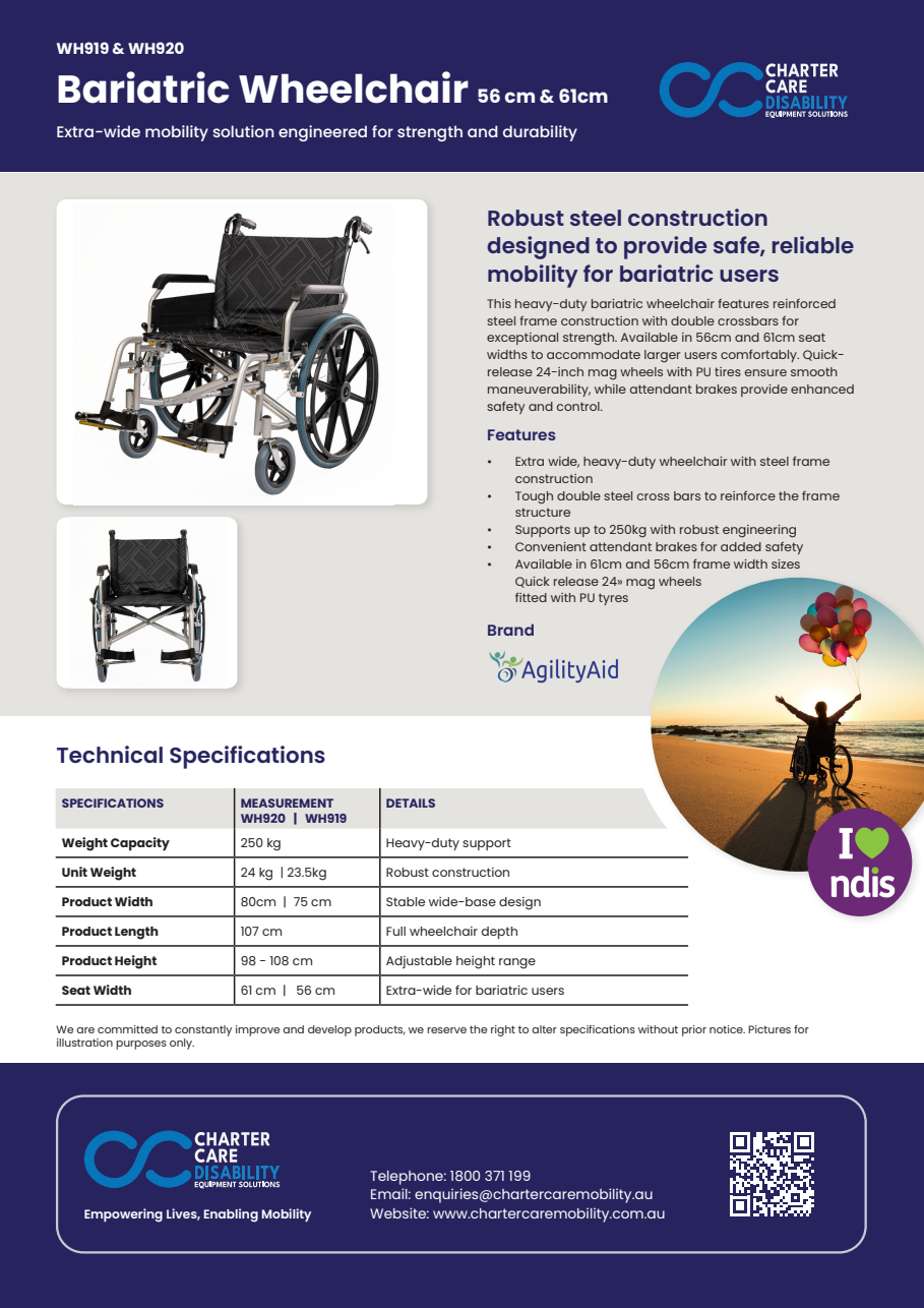 61cm Bariatric Wheelchair - SILVER / BLACK |  Steel Frame- Quick Release Wheels - Attendant Brakes